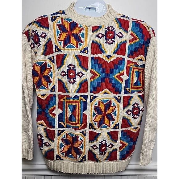 Vtg Clean Clothes Colorful Patchwork Pullover Crew Sweater 100% Cotton Men M - Picture 1 of 9